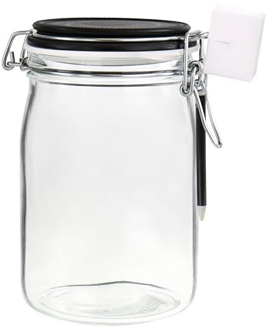 Einkochwelt 79176 Lot de 4 bocaux en verre transparent à étrier avec champ craie, pot à confiture, pot de conservation, avec stylo et éponge, 1000 ml