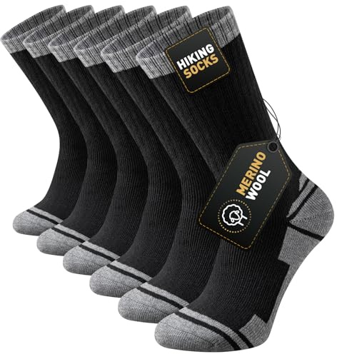 Stoeury Merino Wool Hiking Socks Men Women, Thick Cushioned Walking Socks, Anti Blister Breathable Crew Sports Work Running Sock 3 Pairs
