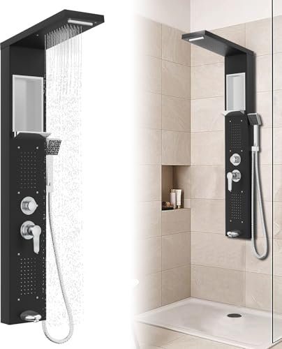 Froadp Duschpaneel Regendusche Edelstahl Duschsystem 5-Funktion Wandmontage Duschset mit Handbrause, Regendusche, Massagedusche, Wasserfalldusche, Duscharmatur Komplettset (Schwarz)