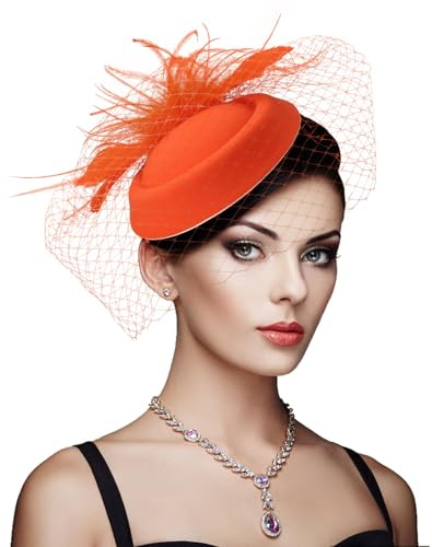 DRESHOW Fascinator Chapeau Plume Mariage Dames Day Bandeau et Clip Cocktail Tea Party Chapeau pour Fille et Femmes, Taille unique, Pillbox Hat Orange