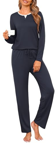 Jahetuul Conjunto de Pijama Mujer Largo Algodón Cuello Redondo con Diseño de Escote en Capas Color Sólido Ropa de Dormir Cálida para Otoño e Invierno