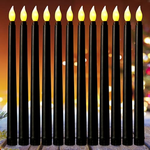 Candele a LED nere, 12 candele a stelo a LED, senza fiamma, 27,5 cm, candele elettriche, fiamma tremolante, candele alimentate a batteria, candele a LED nere per Halloween