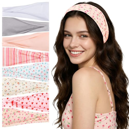 obeoby 8 Pack Pink Cute Headbands for Girls Daughter, Floral Stripe Headbands for New Moms Gifts Spring Summer Outfit Non Slip Wide Headband