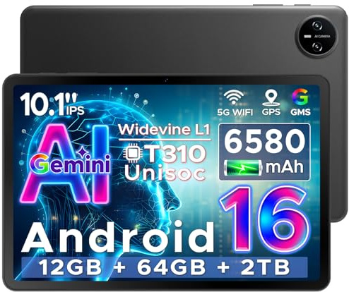 DOOGEE Tab A9 Android 16 Tablet 10 Inch(2026), Gemini AI Android Tablets, Unisoc T310 20GB RAM 64GB ROM(TF 2TB), 6580 mAh Battery, 5G WiFi|Dual Speaker|AI Camera|Type-C|GMS|BT|Face ID|3.5mm Jack-Black