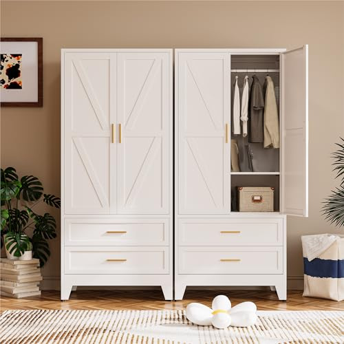 COFaR 71 Metal Wardrobe Closet with 2 Drawers & Hanging Rod, Freestanding Armoire Storage Cabinet with Adjustable Shelf and 2 Doors, White Steel Closet Organizer for Bedroom