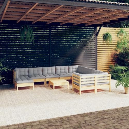 Frdhee Meubles de terrasse salon d'extérieur 11 pièces avec coussins gris en bois de pin, groupe de bancs d'angle pour balcon, cour et terrasse