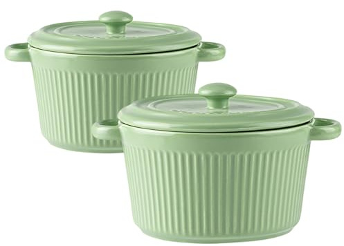 LUPATDY 2 Piezas Mini Cocotte de Cerámica 400 ml, Moldes para Soufflé, Redondos Cuenco Ceramica con Tapas y Asas para Crema Brulee, Verduras, para Horno, Microondas, Verde Menta