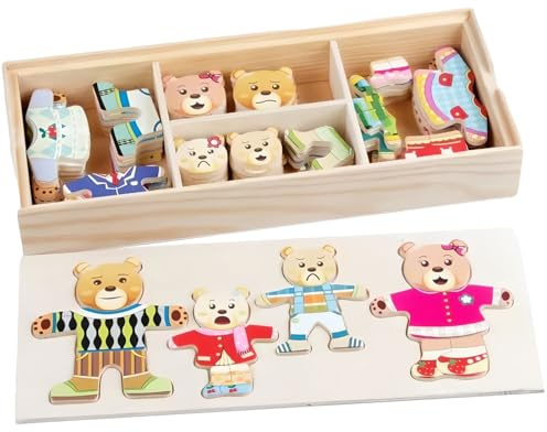 Itian Puzzles Famille d'ours Bois Dress-up de Puzzle Boîte Jouet,DIY Puzzle Ours Changez de Vêtements