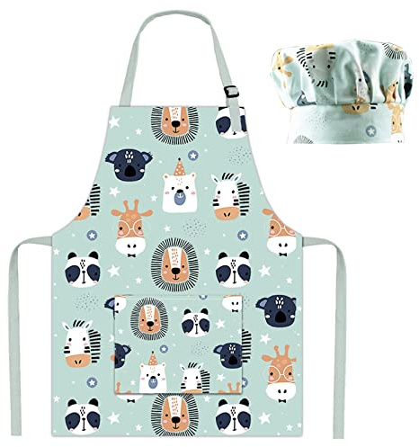 Pipoobear Kids Apron with Chef Hat for Boys and Girls Aged 3-6, Cute Toddler Aprons Set with Pocket for Cooking Baking Painting Gardening