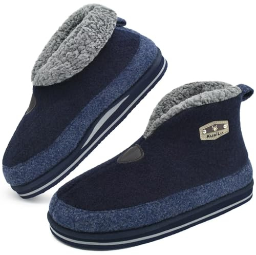 KuaiLu Chausson Botte Hommes Hiver Chausson Montant Feutre Peluche Chaud Fourres Doublure Charentaise Maison Pantoufle Slipper Ondes Chauffante Antidérapant Semelle Bleu 44