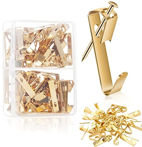 Picture Hooks Frame Hanging Hooks kit, 80 pcs Heavy Duty Photo Picture Hanger with Nails 30 lbs Gold
