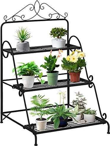 Outsunny Étagère à Fleurs Supports de Pots Porte Plante Escalier Plantes avec étagères en métal 3 Niveaux Forme escalier pour Intérieur Balcon Jardin Terrasse dim. 60,5L x 59,5l x 95,5H cm Noir