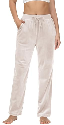 MAGCOMSEN Women's Velour Joggers Soft Warm Straight Leg Pants for Winter Casual Cozy Fleece Sweatpants Beige L