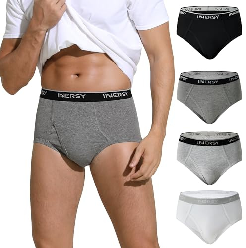 INNERSY Pants Men Cotton Briefs with Fronts Fly Underwear Comfy Underpants Sport Multipack 4 (XL, Black/White/Grey/Heather Grey)
