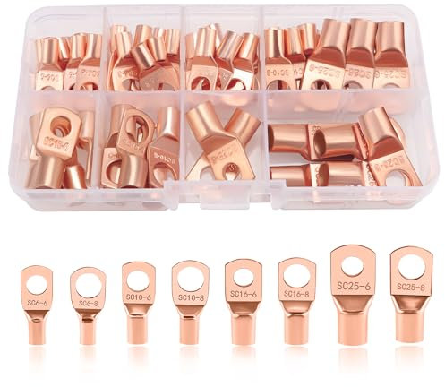 YIXISI 60 Piezas M6/M8 Terminales de Anillo kit, Conectores de Tubular, Terminales de Cable Batería, para Cable Eléctrico, Dorado