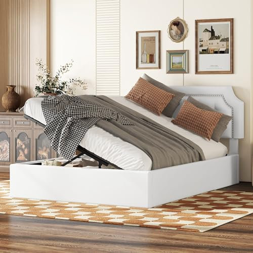 WIZBED Boxspringbett mit Bettkästen, 140 x 200, hydraulisches Polsterbett Doppelbett Bett mit Großer Stauraum und Kopfteil, Stauraumbett, Bettgestell, Stilvoll, Kunstleder, ohne Matratze weiß