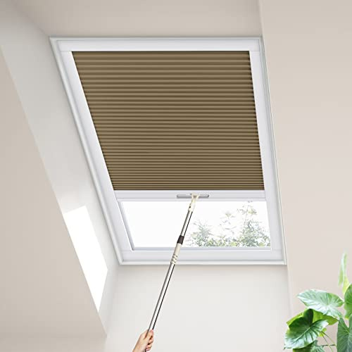 Moonice Skylight Blinds Cordless Roof Honeycomb Window Blinds Light Filtering Cellular Pleated Roof Shades for Home Easy to Install Shades for Inclined Plane Room Windows Custom Size (Brown)