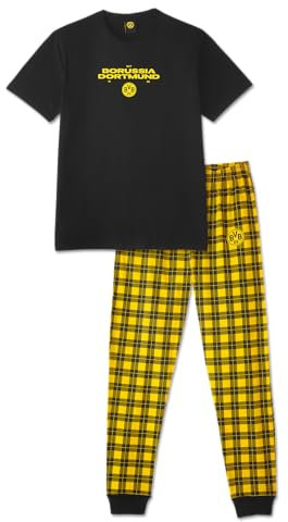 Borussia Dortmund BVB Schlafanzug Karo, Amazon exklusiv, Kurzarm Shirt, Lange Hose, schwarzgelb, 100% Baumwolle, Gr. L