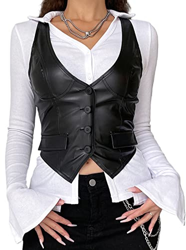 DELIMALI Women PU Leather Steampunk Black Waistcoat Racerback 50s Halter V-Neck Vest Sleeveless Button Down Tuxedo Suit Waistcoat (A-Black, M)