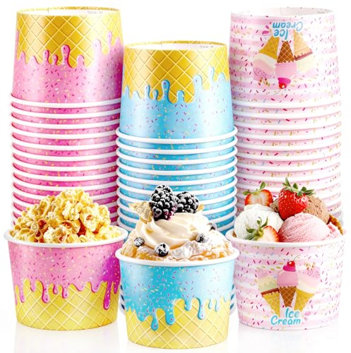 REDWORD 60PCs Ice Cream Bowls, 9oz Ice Cream Containers Disposable Paper Bowls Sundae Cups Dessert Soup Containers for Ice-cream Party Decorations Summer Party Decorations