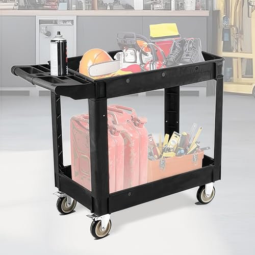 WUDLEP Heavy Duty Plastic Utility Cart, 40 x 17 x 34 Inch, 2-Tier Service Cart with Deep Shelves, Full Swivel Wheels, 550 lbs Capacity, Transport Cart for Warehouse