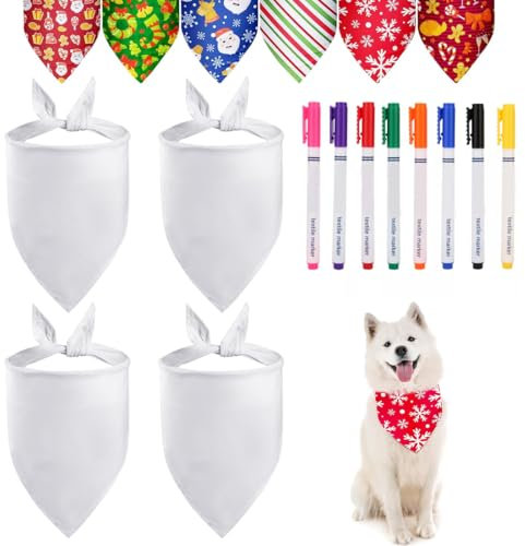 HAMKU 4 Pezzi Foulard bianco puro Animale Domestico Sciarpe con Triangolo, Con 8 penne colorate per il fai da te Bandana alla Moda Cane Gatto di Modo, Regolabile Sciarpa Bandana Animale Domestico