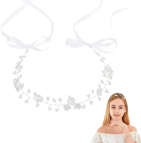 OUDQFCJ Diadema Flores Niña, Corona de Flores con Perlas y Cinta, Accesorio para el Pelo de Comunión, Princesa y Novia, Ideal para Fotografía y Bodas (Plata)