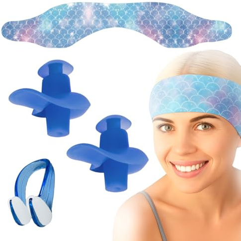 KEWUF 1 Pcs Bandeau de Natation Enfants, avec 1 Paires de Bouchons d’Oreilles, Haute Élasticité et Fermeture Velcro, Protège les Oreilles pour Piscine, Plongée et Sports Aquatiques