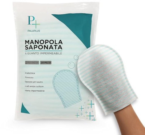 PALUPLUS Lot de 20 poignées savonnées jetables en TNT, mesure 17,2 x 24,2 cm, éponge avec savon à pH neutre parfumé, intérieur imperméable, gant présavon pour nettoyage et hygiène du corps -6266F-0,28