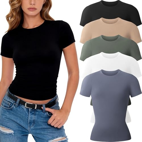 miijoory Pack de 5 Camiseta Manga Corta Mujer Ajustada Cuello Redondo Top Básico Elástico Casual T-Shirt Verano Tops(M,Negro, Blanco, Nude, Verde Oliva, Azul)