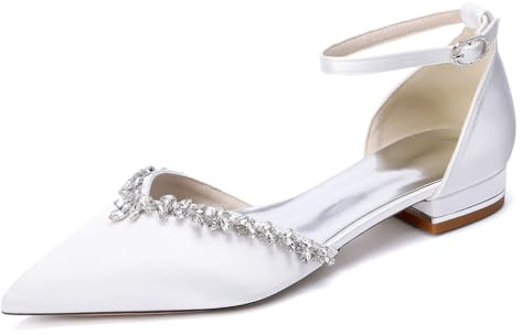 TNMIUH Zapatos de Boda para Mujer con Pedrería Tacón Bajo Punta Estrecha Zapatos de Novia de Satén Marfil con Correa al Tobillo Bailarinas de Fiesta Cómodos