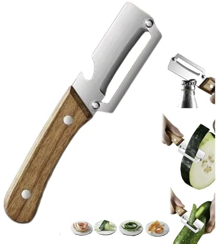 Pelador verduras multifuncional, pelador de alimentos de acero inoxidable con mango de madera y abridor de botellas, herramienta de pelado de cocina, para caña de azúcar, patatas, calabaza