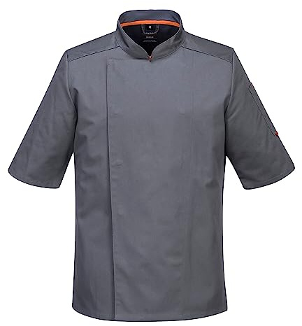 Portwest C738 Men's Mesh Air Pro Chef Jacket Short Sleeve Breathable Durable Slim Fit Texpel Finish Workwear Apron with Sleeve Pocket Machine Washable, Slate Grey, M