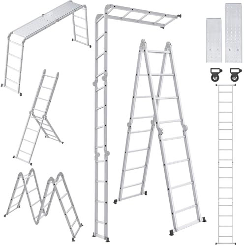 UISEBRT - Escalera multiusos 4x4 de aluminio con plataforma, 6 en 1, escalera plegable articulada, 470 cm, escalera combinada de hasta 150 kg, plateada