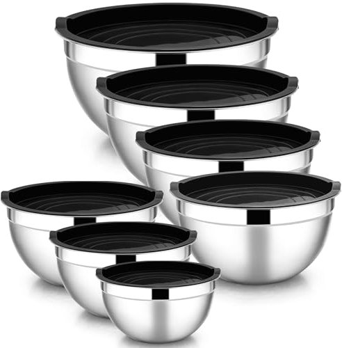 HaWare Rührschüssel, Edelstahl Schüssel 7er Set, Stapelbare Salatschüssel mit Luftdichtem Deckel zum Backen/Kochen/Zubereiten, Spülmaschinenfest, 6,5/4,5/3 /2,5/1,5/1,2/0,7L, Schwarz