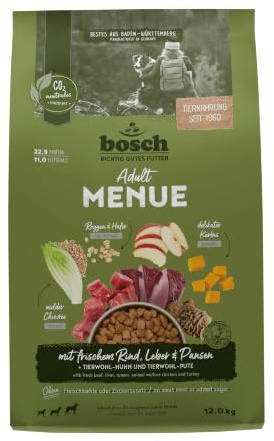 Bosch HPC MENUE Vuxen med nötkött, lever och buk | Torrfoder för vuxna hundar av alla raser | 1 x 12 kg