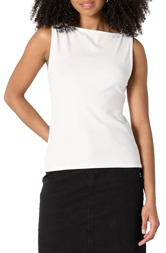 Amazon Essentials Camiseta sin Mangas Ajustada de Punto Acanalado con Cuello Barco para Mujer, Color Blanco, Talla M