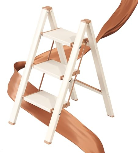 GameGem 3 Step Ladder, Folding Step Stool with Wider Pedal, Anti-Slip Feet & Non Slip Stripes, Aluminum Sturdy Material, 300Lbs Capacity, Elegant Look of Cream Chocolate Better Matches Your Home
