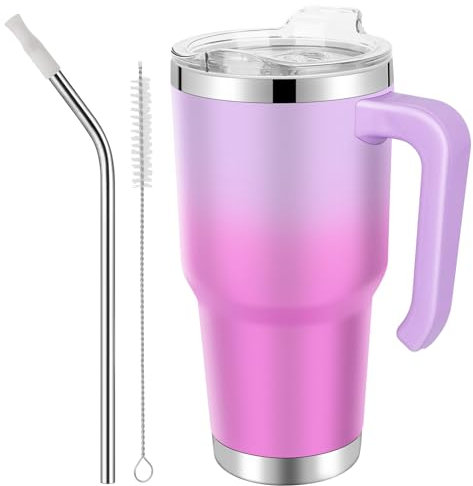 EQARD Taza con Asa Tapa y Pajita Vaso Termo Cafe para Llevar Taza Viajera Mug Térmica de Acero Inoxidable con Cepillos de Tubo para Café Frío o Caliente Todo sin BPA (RosaRojo, 30oz Tapa a Rosca)