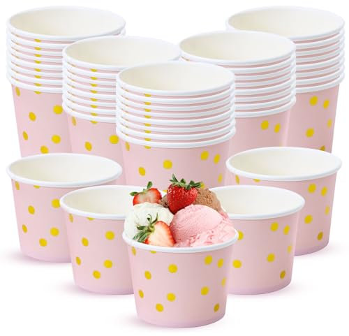 BFB Eisschalen Papptassen 60 Rosa Pappbecher mit Goldfolie Gepunkte Papierbecher für Eiscreme, Dessert, Joghurt