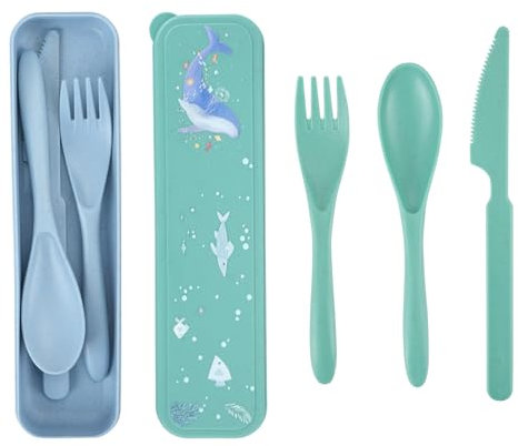 2 Pcs Travel Camping Cutlery Set with Case, Ocean Theme Utensil Portable Flatware, Reusable Travel Fork Spoon Knife Cutlery Set, Tableware for Kids Adult Picnic School Office Outdoor (Blue+Green)