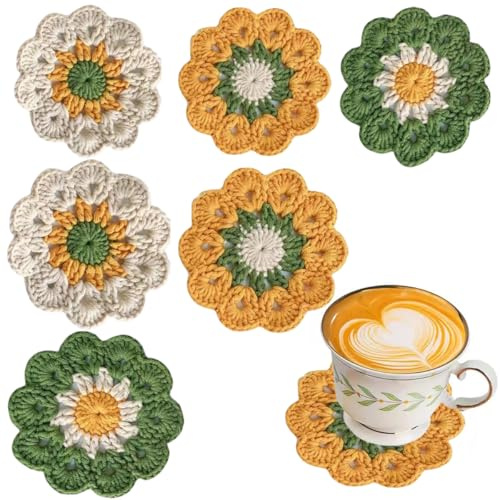 6 PCS Crochet Coasters Tea Coaster Handmade Flower Knitted Cup Mats Plant Pot Coaster Set Fun Soft Decorative Coasters for Tabletop Protection Home Decor