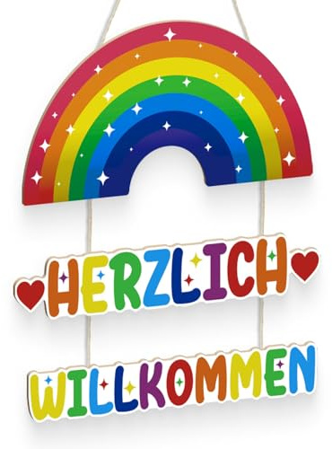 Putuo Decor Regenbogen Wanddeko, Herzlich Willkommen MDF Deko, Regenbogen Hängeschild für für Wohnung, Kita, Klassenzimmer, Laden, Flur, Innenbereich