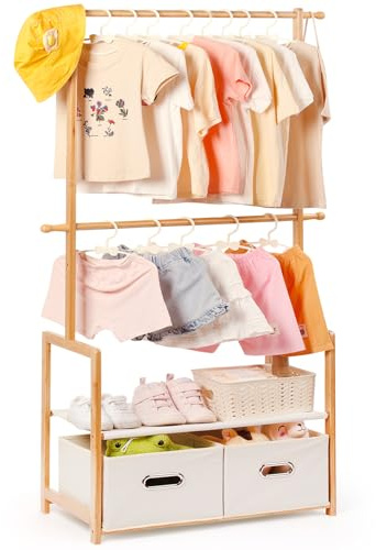 Relquorax Portant à vêtements en bambou pour enfants, avec 2 boîtes de rangement et 2 barres de suspension réglables, tringle à vêtements et étagère, pour chambre d'enfant, pour bébé fille et garçon