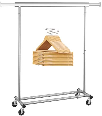 SONGMICS Kleiderständer 20er Kleiderbügel Set, Garderobenständer auf Rollen, Bügel aus Massivholz, ausziehbare Stange, um 360° drehbarer Haken, silbern und naturfarben-silbern HSW013S01