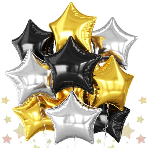 Black Gold Silver Star Foil Balloons, 10PCS Foil Stars Shape Balloons, 18 Inch Metallic Black and Gold Stars Balloon for Helium Pentagram Balloon for Birthday, New Years, Graduation Party Decorations