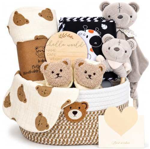 Neugeborenen Geschenk, Baby Geschenkset für Jungen/Mädchen, Sensorisches Buch, Babydecke, Wickelsocken, Rassel, Lätzchen, Meilensteinkarten, Baby Geburt Geschenk, Babyparty