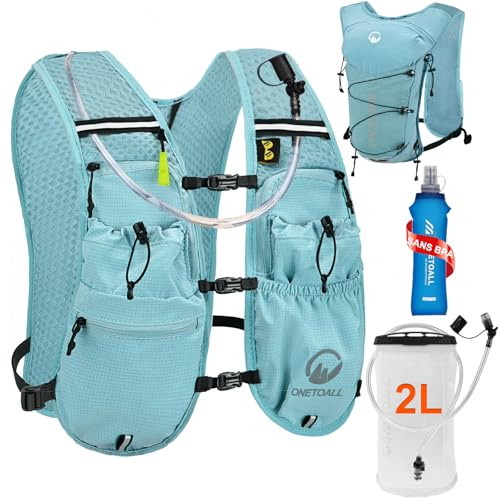 ONETOALL Running Vest Women with TPU Water Bottle 500ml & Water Bladder 2L, Lightweight Hydration Running Vests Mens, Reflective Running Backpack for Hiking Marathon Biking Sci