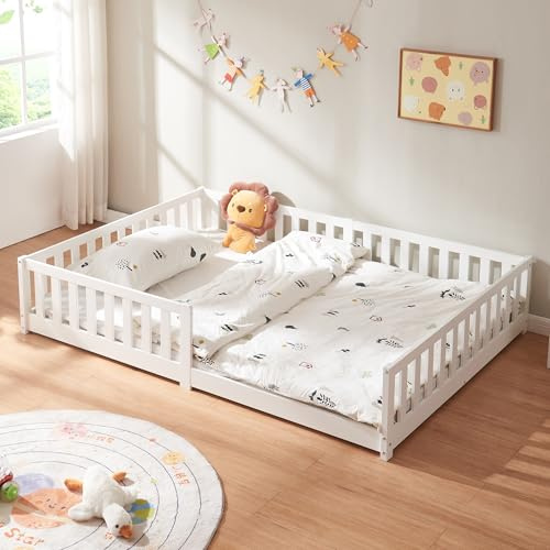 [en.casa] Kinderbett Tanna Bodenbett 140 x 200 cm Holzbett für Kinder mit Rausfallschutz Montessori Bettgestell mit Lattenrost Kiefernholz Weiß