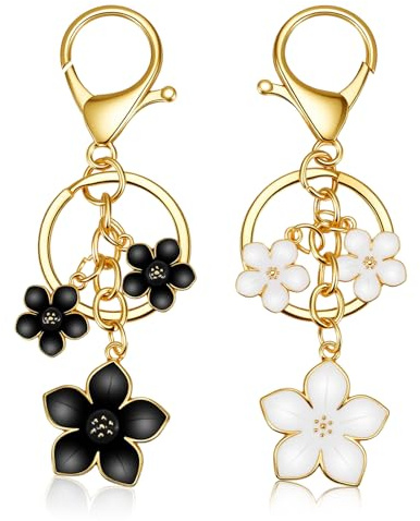 Ouligay 2pcs Cute Flower Keyring for Women Girls Floral Flower Purse Bag Charm for Handbags Pink Aesthetic Cute Car Key ring Bag Accessories for Best Friend Birthday Christmas Bff Mom Mother Gift